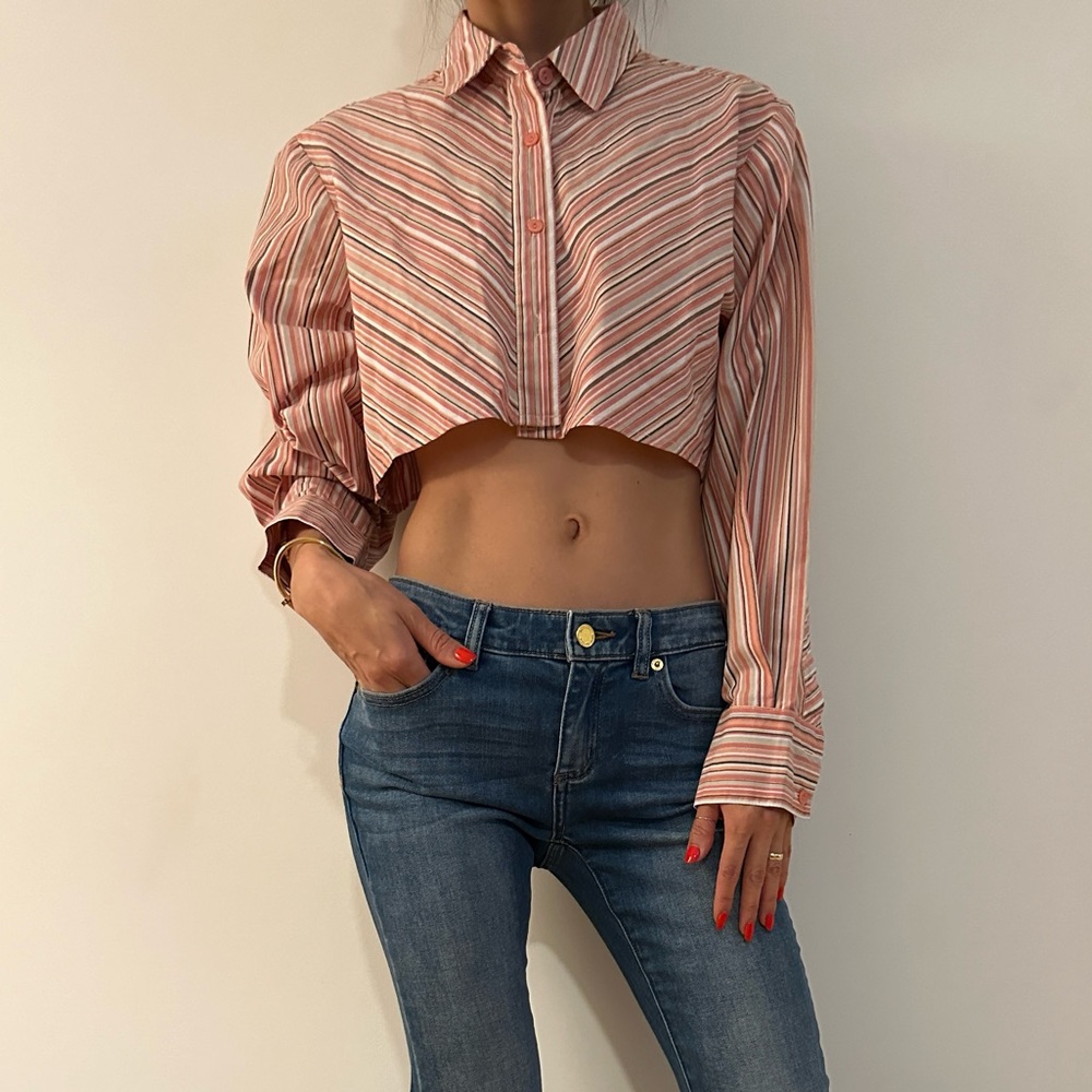 Vintage Cropped Button-Up Shirt - Striped Orange - Small